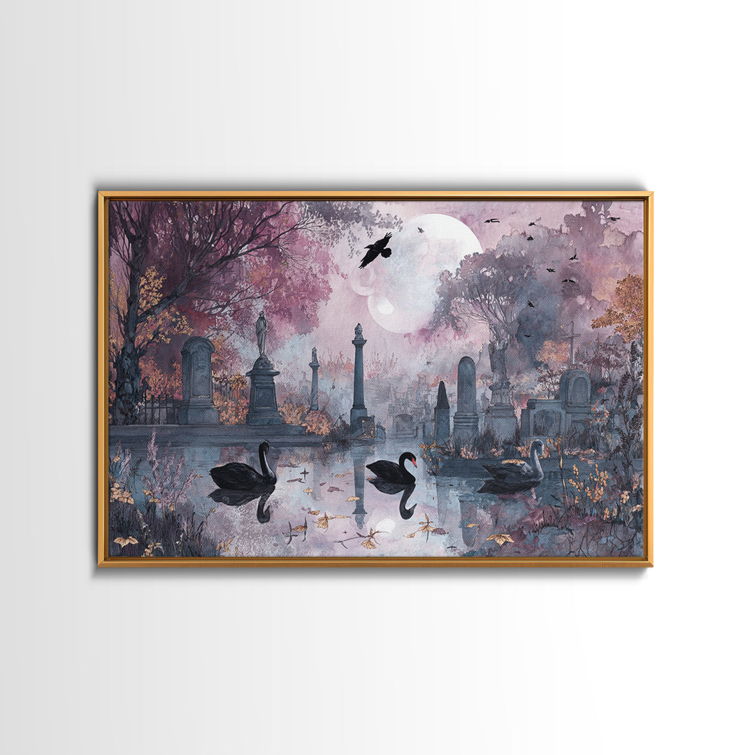 The Cemetery Swan Lake - Surreal Celestial Vision, Macabre Halloween Art, Landscape Wall Art, Framed Canvas Print, Halloween Home Decor