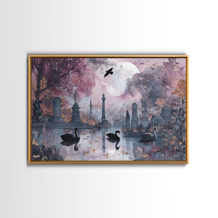 The Cemetery Swan Lake - Surreal Celestial Vision, Macabre Halloween Art, Landscape Wall Art, Framed Canvas Print, Halloween Home Decor
