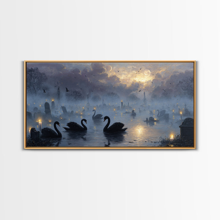 The Cemetery Swan Lake - Surreal Celestial Vision, Halloween Wall Art, Wide Panoramic Art, Framed Canvas Print, Halloween Home Decor