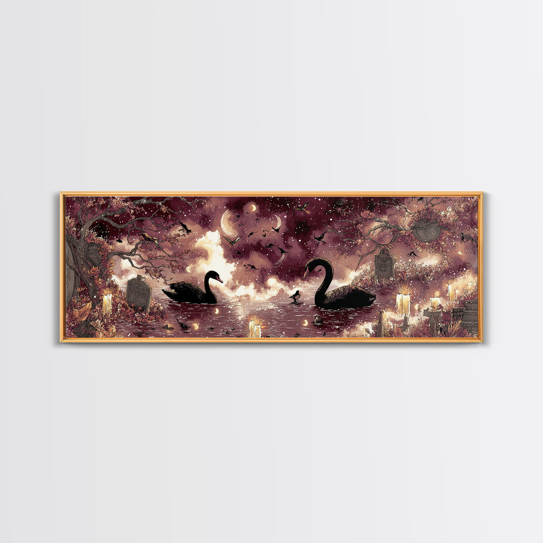 The Cemetery Swan Lake - Surreal Celestial Vision, Gothic Home Decor, Extra Wide Wall Art, Canvas Print, Halloween Home Decor