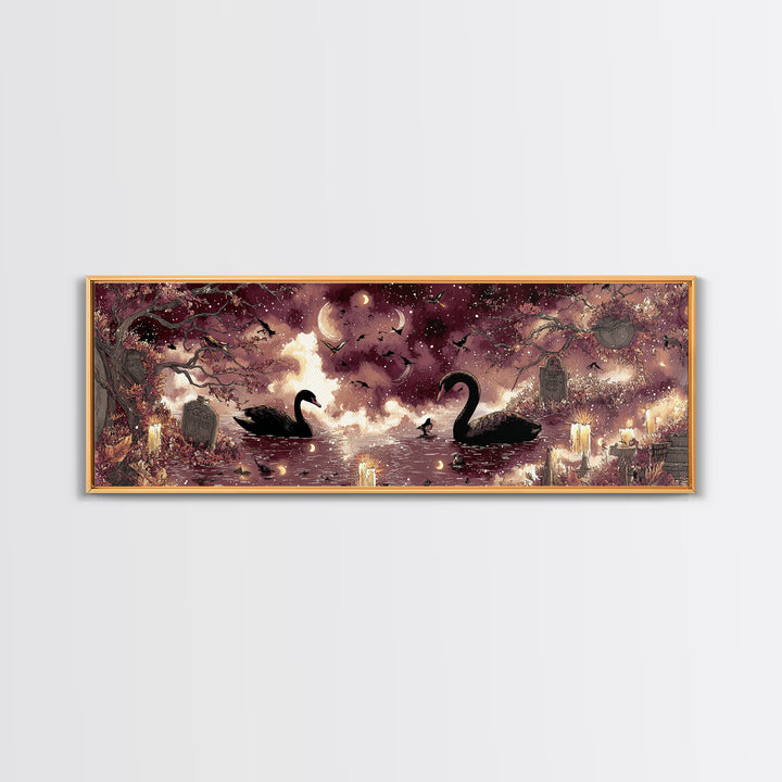 The Cemetery Swan Lake - Surreal Celestial Vision, Gothic Home Decor, Extra Wide Wall Art, Canvas Print, Halloween Home Decor