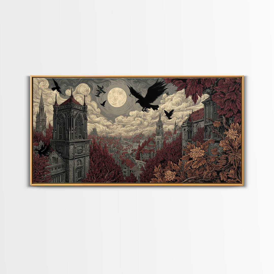 The Gargoyle Rooftop Choir - Environmental Panorama, Dark Fantasy Wall Art, Wide Panoramic Art, Canvas Print, Halloween Home Decor