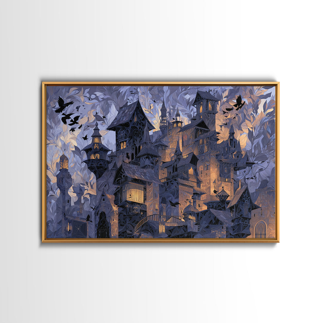 The Gargoyle Rooftop Choir - Procession Scene, Macabre Halloween Art, Landscape Wall Art, Framed Canvas Print, Halloween Home Decor