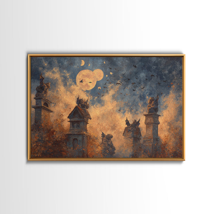 The Gargoyle Rooftop Choir - Surreal Celestial Vision, Halloween Wall Art, Landscape Wall Art, Framed Canvas Print, Halloween Home Decor