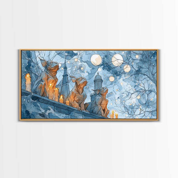 The Gargoyle Rooftop Choir - Surreal Celestial Vision, Macabre Halloween Art, Wide Panoramic Art, Framed Canvas Print, Halloween Home Decor