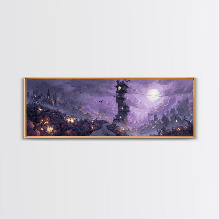 The October Clock Tower - Environmental Panorama, Spooky Wall Decor, Extra Wide Wall Art, Framed Canvas Print, Halloween Home Decor