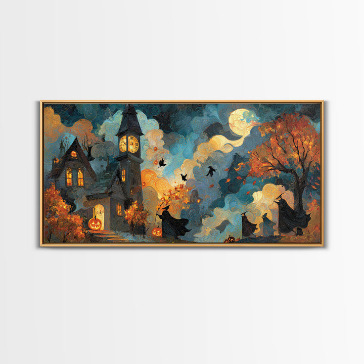The October Clock Tower - Procession Scene, Halloween Wall Art, Wide Panoramic Art, Framed Canvas Print, Halloween Home Decor