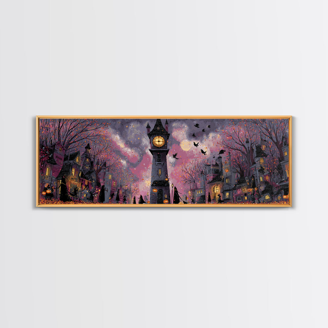 The October Clock Tower - Procession Scene, Gothic Home Decor, Extra Wide Wall Art, Canvas Print, Halloween Home Decor, Gothic Wall Art