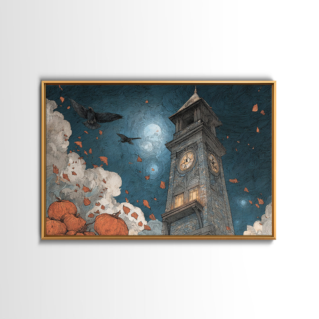 The October Clock Tower - Surreal Celestial Vision, Halloween Wall Art, Landscape Wall Art, Framed Canvas Print, Halloween Home Decor
