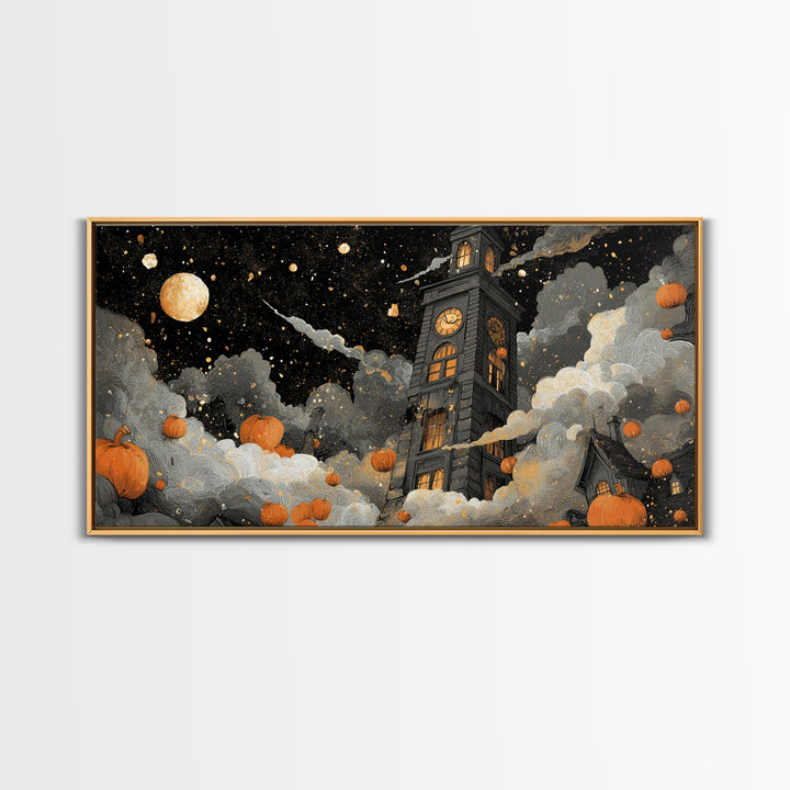 The October Clock Tower - Surreal Celestial Vision, Spooky Wall Decor, Wide Panoramic Art, Framed Canvas Print, Halloween Home Decor