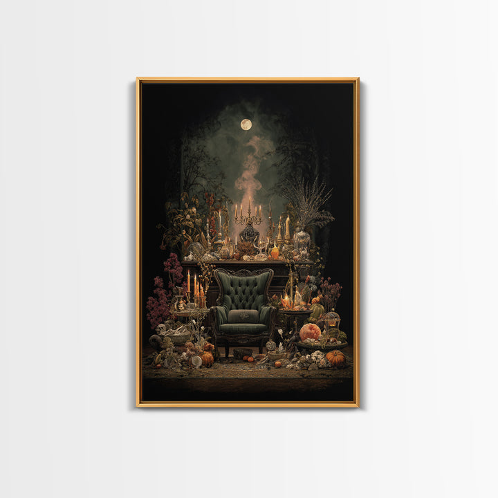 The Spider Queen Parlor - Occult Still Life, Spooky Wall Decor, Vertical Wall Art, Framed Canvas Print, Halloween Home Decor