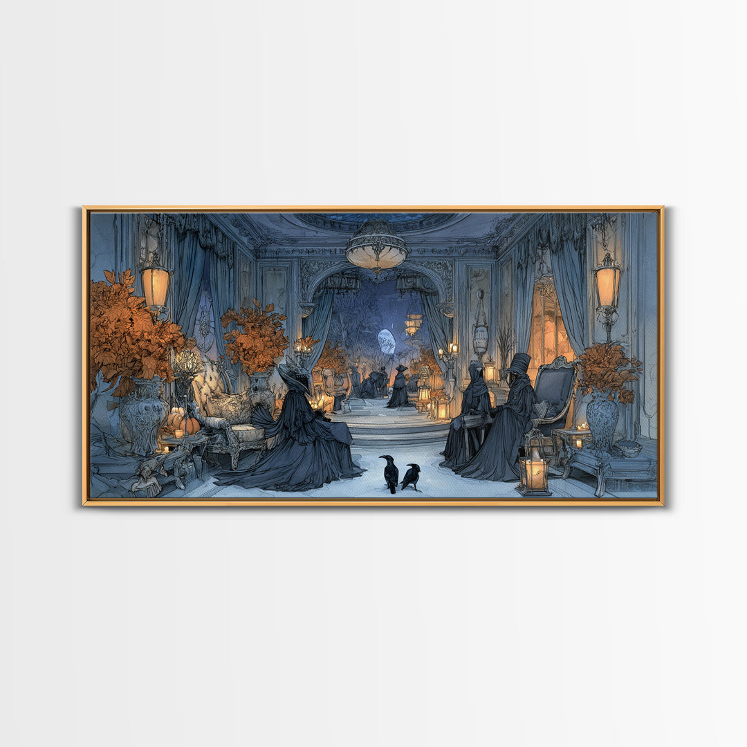 The Spider Queen Parlor - Procession Scene, Spooky Wall Decor, Wide Panoramic Art, Framed Canvas Print, Halloween Home Decor