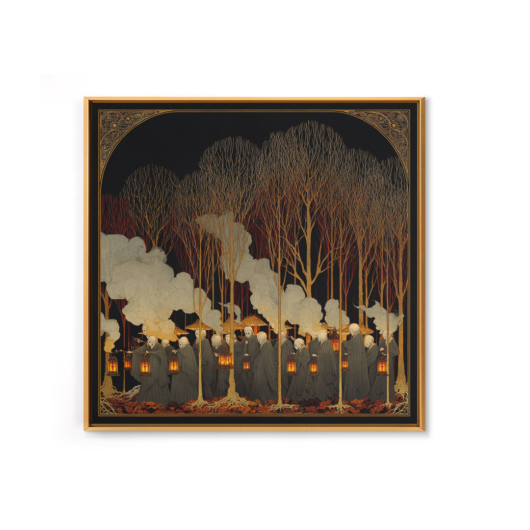 The Golden Funeral Procession - Icon Portrait, Spooky Wall Decor, Square Wall Art, Framed Canvas Print, Halloween Home Decor
