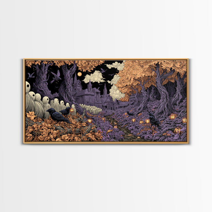 The Golden Funeral Procession - Environmental Panorama, Occult Wall Decor, Wide Panoramic Art, Canvas Print, Halloween Home Decor