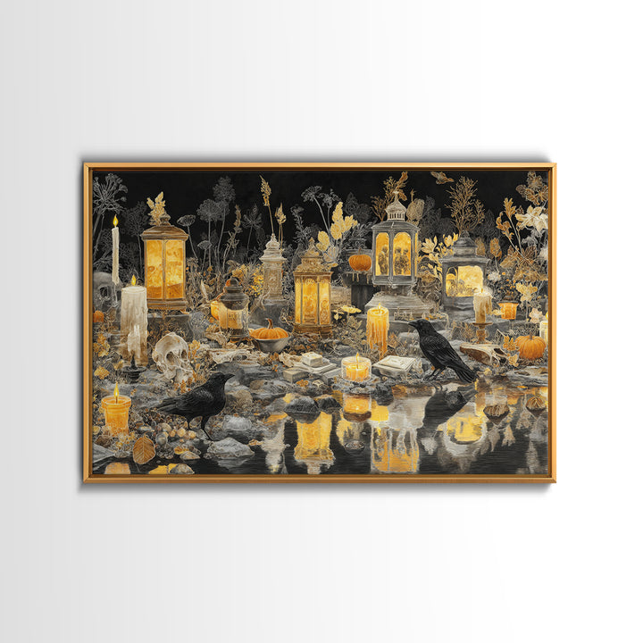 The Golden Funeral Procession - Occult Still Life, Halloween Wall Art, Landscape Wall Art, Framed Canvas Print, Halloween Home Decor