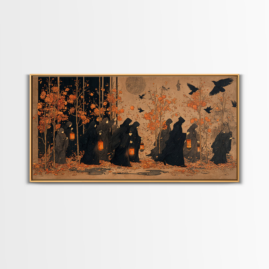The Golden Funeral Procession - Procession Scene, Spooky Wall Decor, Wide Panoramic Art, Framed Canvas Print, Halloween Home Decor