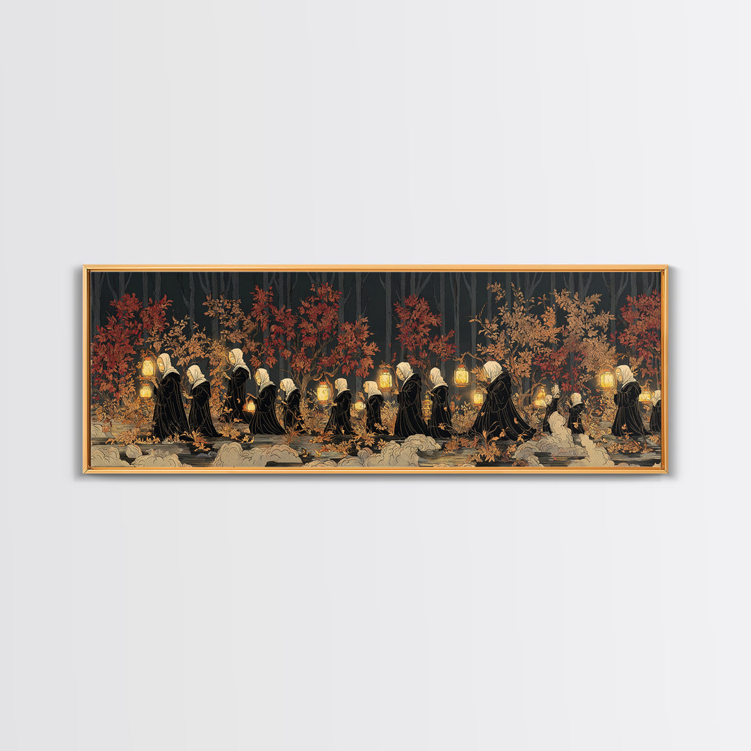 The Golden Funeral Procession - Procession Scene, Occult Wall Decor, Extra Wide Wall Art, Canvas Print, Halloween Home Decor
