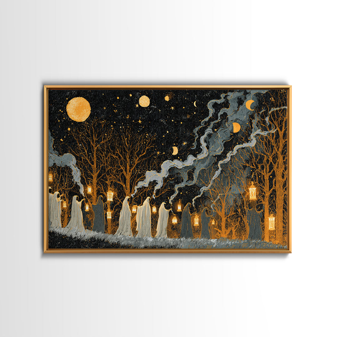 The Golden Funeral Procession - Surreal Celestial Vision, Occult Wall Decor, Landscape Wall Art, Canvas Print, Halloween Home Decor