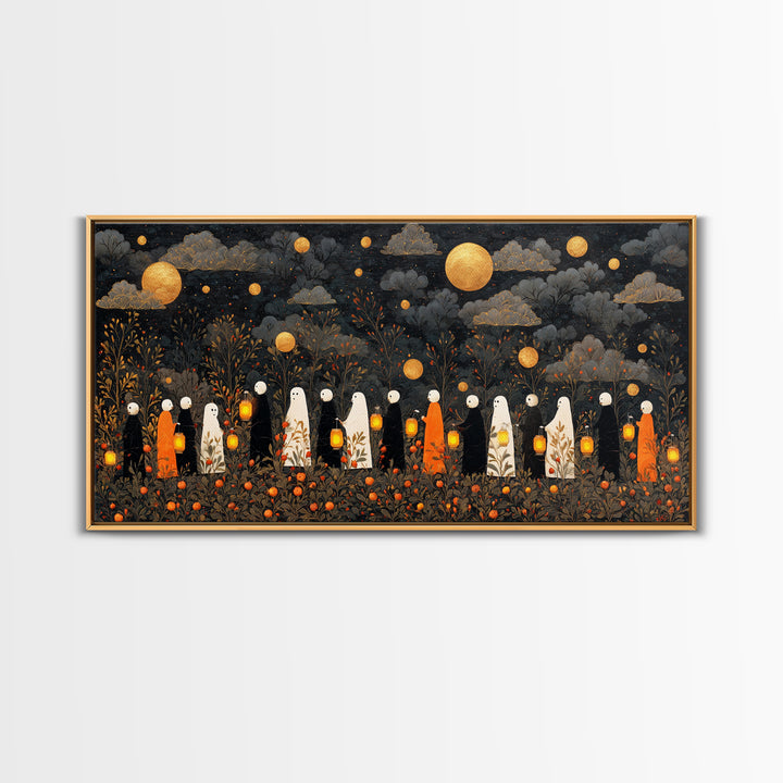 The Golden Funeral Procession - Surreal Celestial Vision, Dark Fantasy Wall Art, Wide Panoramic Art, Canvas Print, Halloween Home Decor