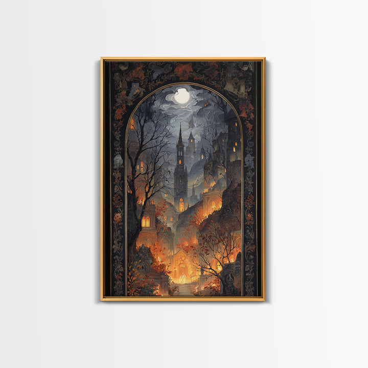 The Monster In The Mirror Cabinet - Environmental Panorama, Macabre Halloween Art, Vertical Wall Art, Framed Canvas Print, Gothic Wall Art