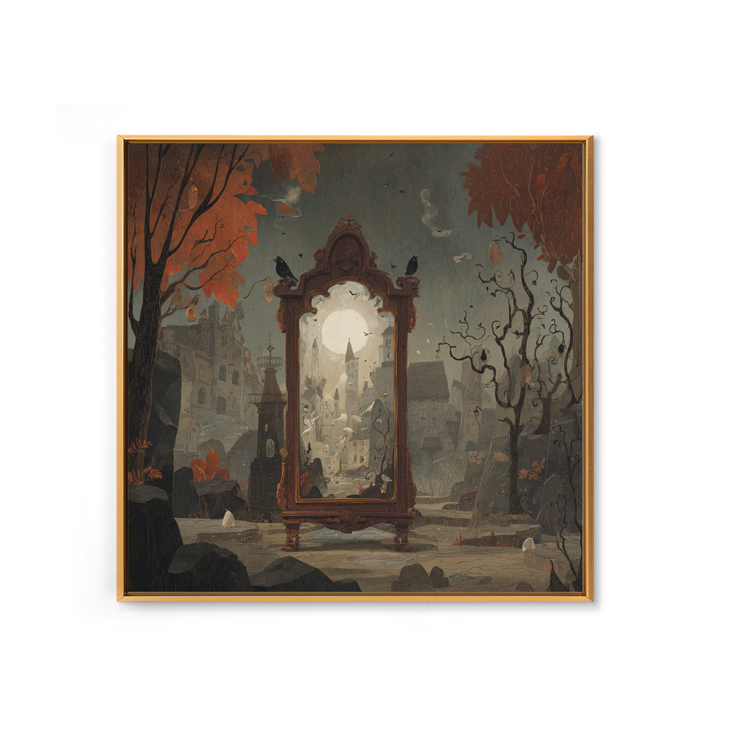 The Monster In The Mirror Cabinet - Environmental Panorama, Halloween Wall Art, Square Wall Art, Framed Canvas Print, Halloween Home Decor
