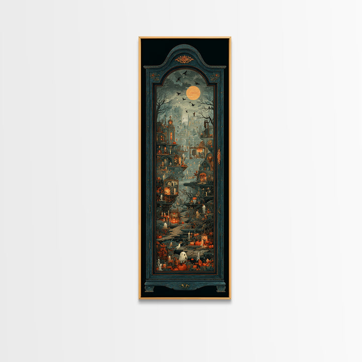 The Monster In The Mirror Cabinet - Environmental Panorama, Halloween Wall Art, Tall Narrow Wall Art, Framed Canvas Print, Gothic Wall Art