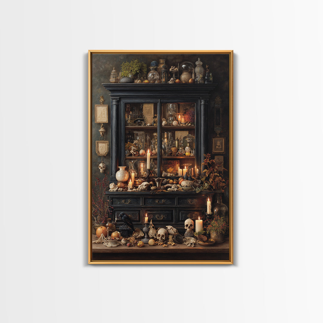 The Monster In The Mirror Cabinet - Occult Still Life, Macabre Halloween Art, Vertical Wall Art, Framed Canvas Print, Halloween Home Decor