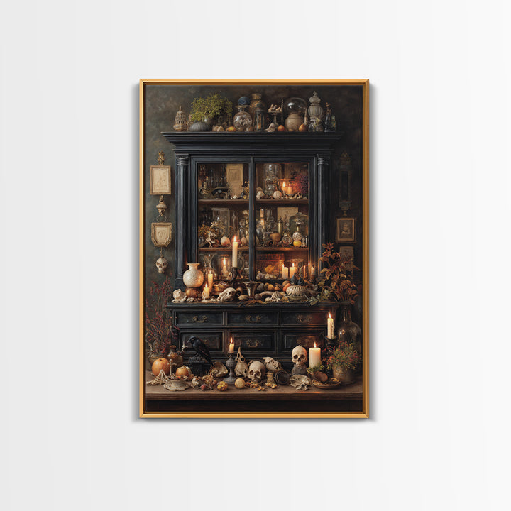 The Monster In The Mirror Cabinet - Occult Still Life, Macabre Halloween Art, Vertical Wall Art, Framed Canvas Print, Halloween Home Decor