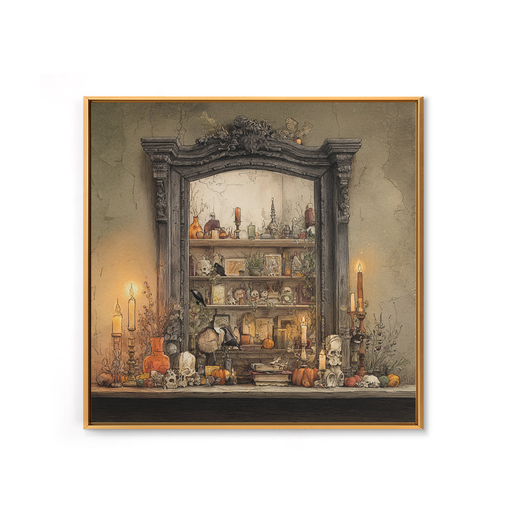 The Monster In The Mirror Cabinet - Occult Still Life, Dark Fantasy Wall Art, Square Wall Art, Canvas Print, Halloween Home Decor