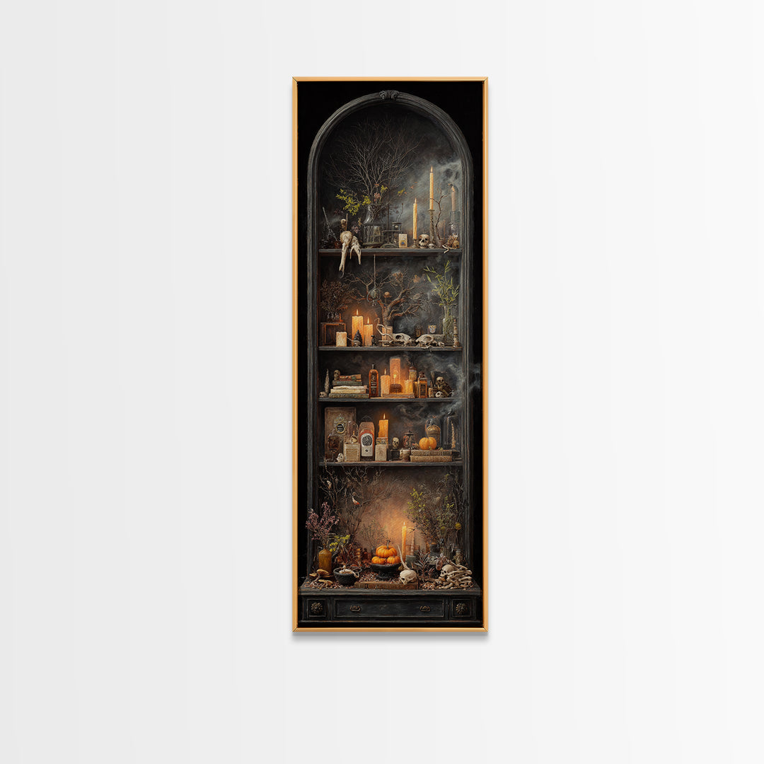 The Monster In The Mirror Cabinet - Occult Still Life, Dark Fantasy Wall Art, Tall Narrow Wall Art, Canvas Print, Halloween Home Decor