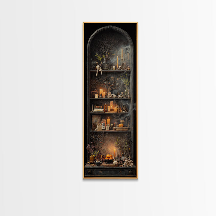 The Monster In The Mirror Cabinet - Occult Still Life, Dark Fantasy Wall Art, Tall Narrow Wall Art, Canvas Print, Halloween Home Decor