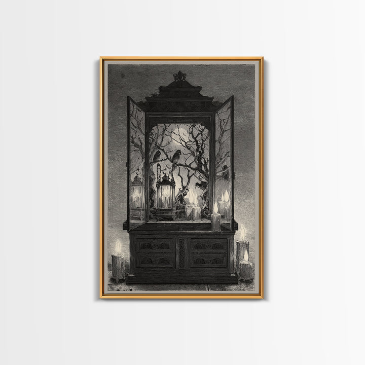 The Monster In The Mirror Cabinet - Procession Scene, Macabre Halloween Art, Vertical Wall Art, Framed Canvas Print, Halloween Home Decor