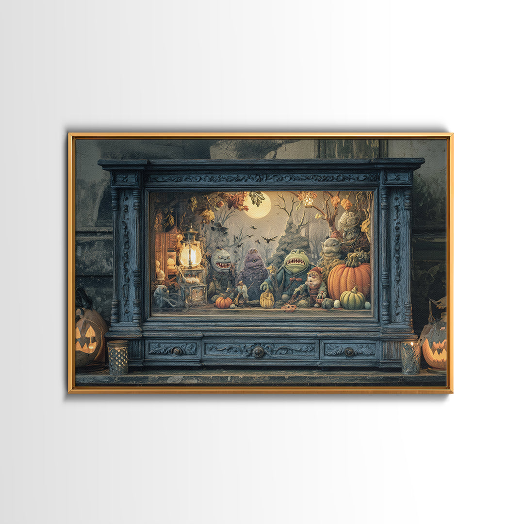 The Monster In The Mirror Cabinet - Procession Scene, Macabre Halloween Art, Landscape Wall Art, Framed Canvas Print, Halloween Home Decor