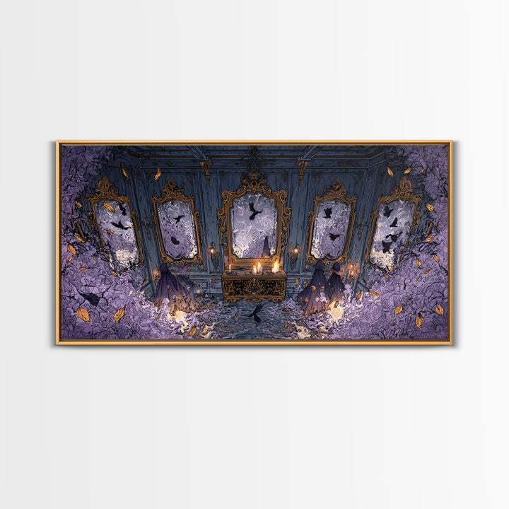 The Monster In The Mirror Cabinet - Procession Scene, Occult Wall Decor, Wide Panoramic Art, Canvas Print, Halloween Home Decor