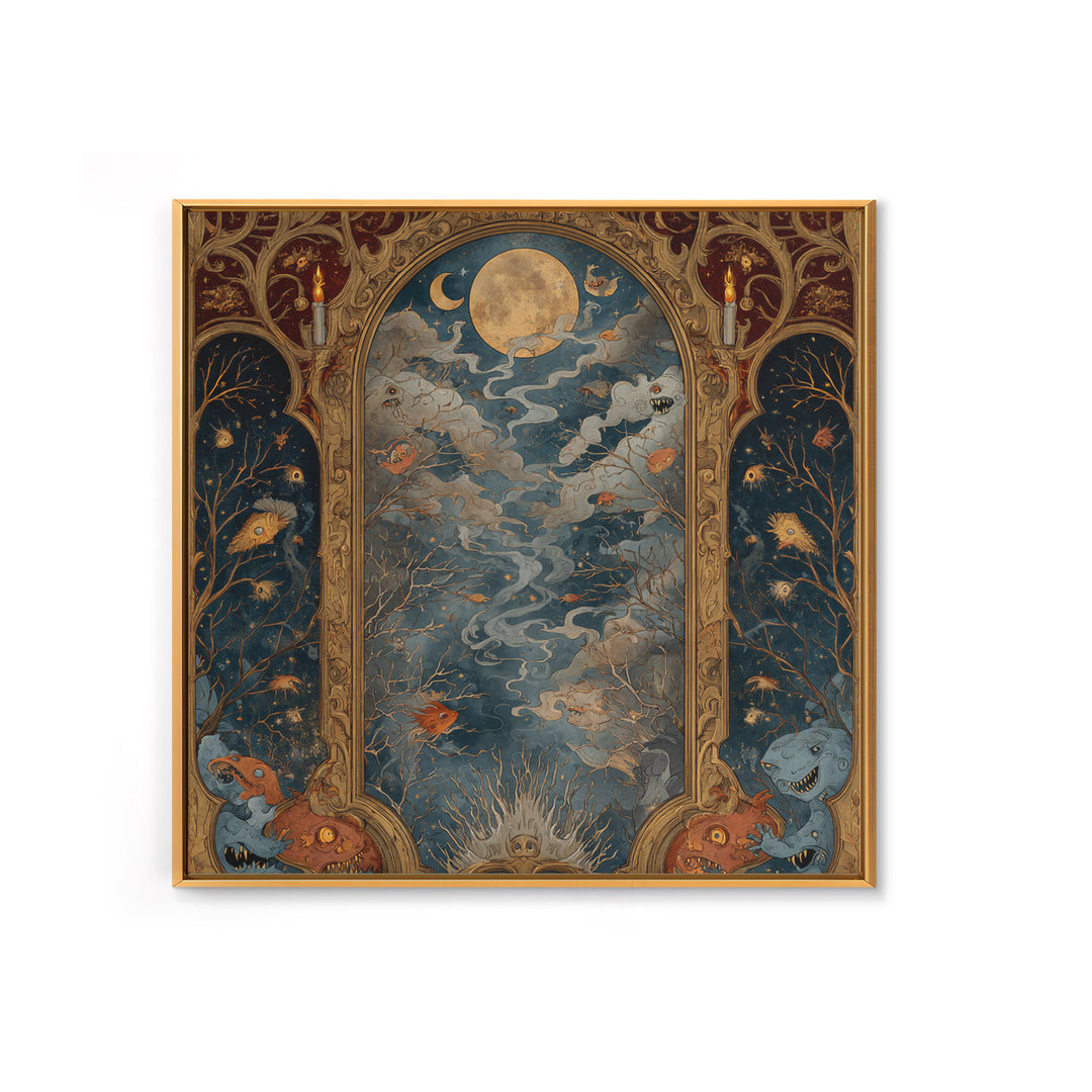 The Monster In The Mirror Cabinet - Surreal Celestial Vision, Macabre Halloween Art, Square Wall Art, Framed Canvas Print, Gothic Wall Art
