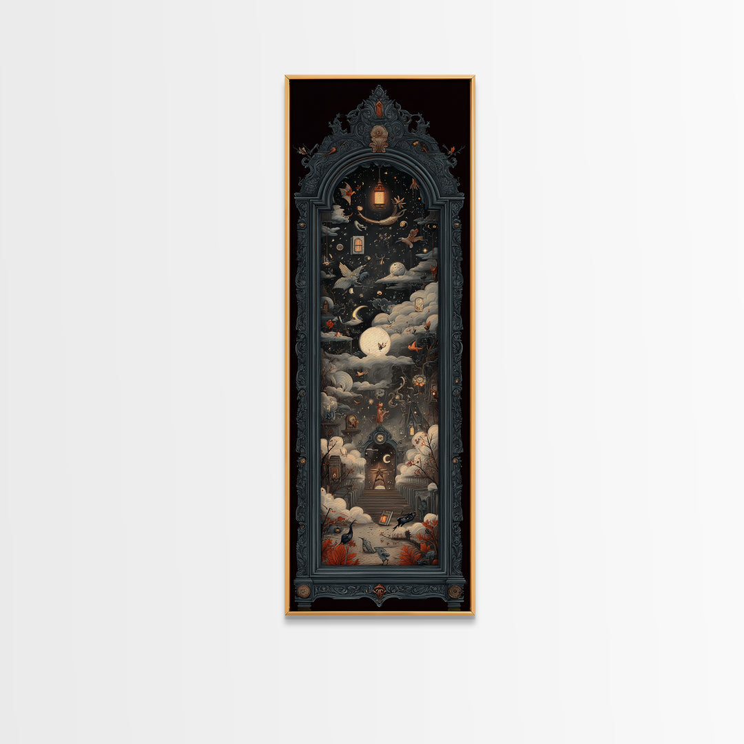 The Monster In The Mirror Cabinet - Surreal Celestial Vision, Dark Fantasy Wall Art, Tall Narrow Wall Art, Canvas Print, Gothic Wall Art