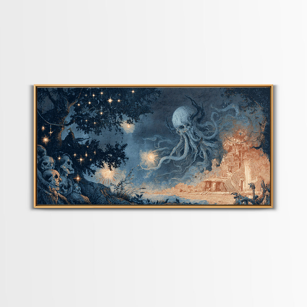 The Bellringer Of The Sunken Cathedral, Spooky Wall Decor, Wide Panoramic Art, Framed Canvas Print, Halloween Home Decor, Gothic Wall Art