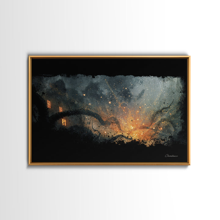 The Crawler Beneath The Floor Of Stars, Spooky Wall Decor, Landscape Wall Art, Framed Canvas Print, Halloween Home Decor, Gothic Wall Art