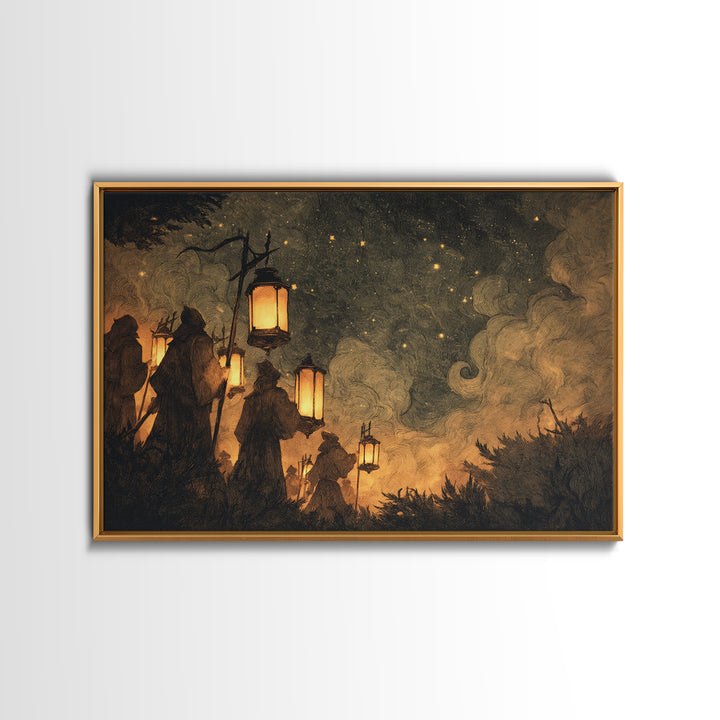 The Innsmouth Lantern Procession, Lovecraftian Wall Art, Landscape Wall Art, Framed Canvas Print, Halloween Home Decor, Gothic Wall Art