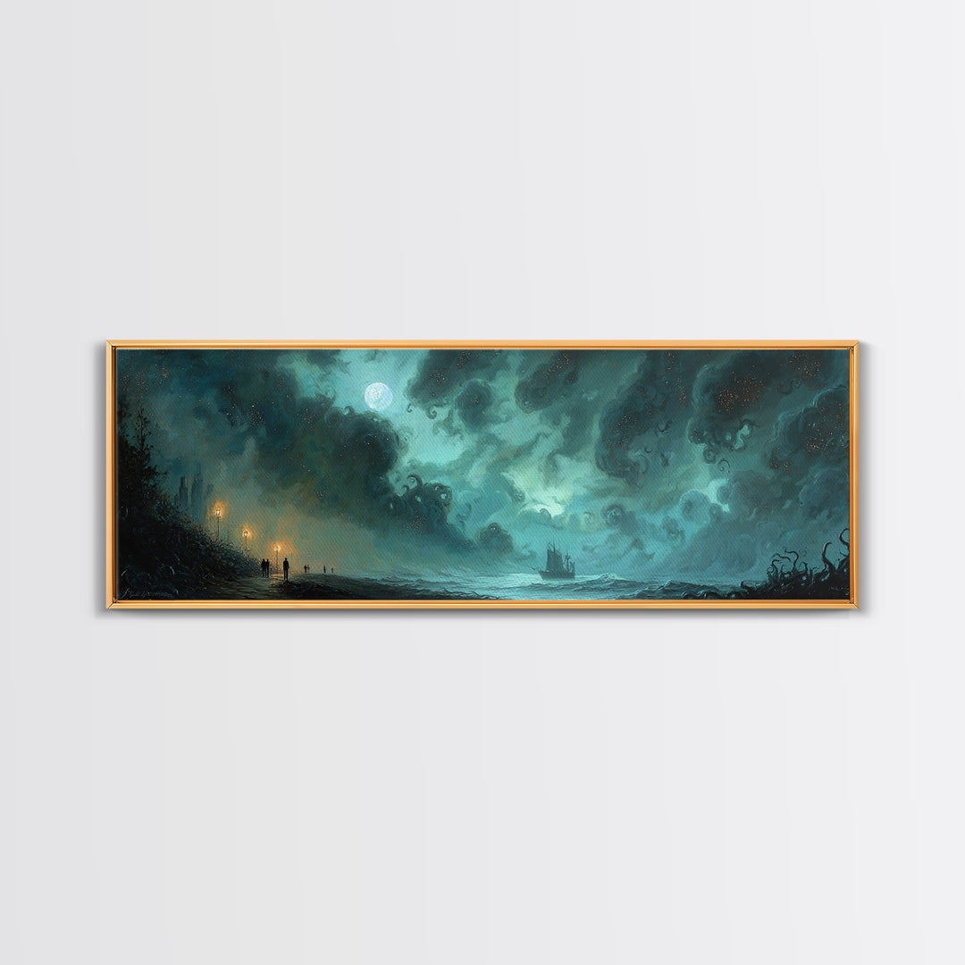 The Innsmouth Lantern Procession, Eldritch Wall Art, Extra Wide Wall Art, Framed Canvas Print, Halloween Home Decor, Gothic Wall Art