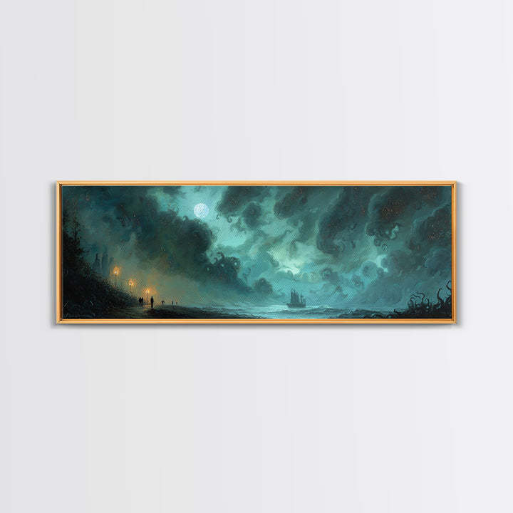 The Innsmouth Lantern Procession, Eldritch Wall Art, Extra Wide Wall Art, Framed Canvas Print, Halloween Home Decor, Gothic Wall Art