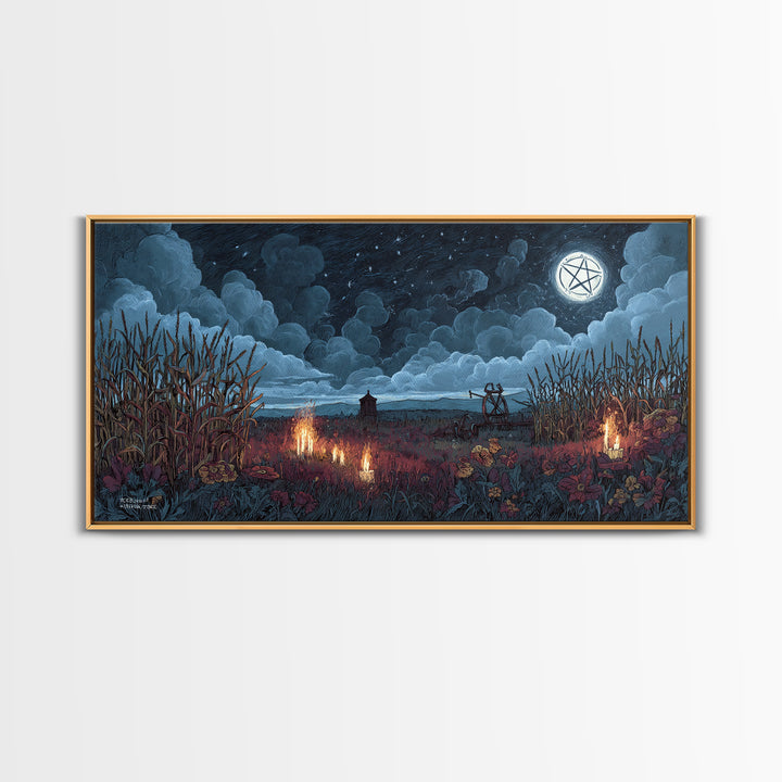 The Harvest Of The Eldritch Field, Occult Wall Decor, Wide Panoramic Art, Framed Canvas Print, Halloween Home Decor, Gothic Wall Art