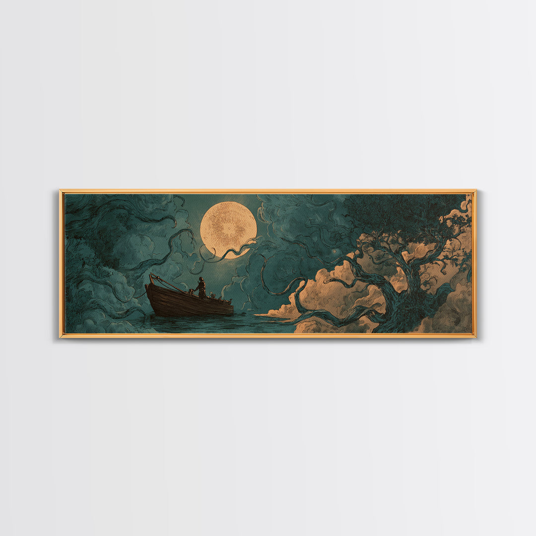 The Ferryman Of The Outer Marsh, Spooky Wall Decor, Extra Wide Wall Art, Framed Canvas Print, Halloween Home Decor, Gothic Wall Art