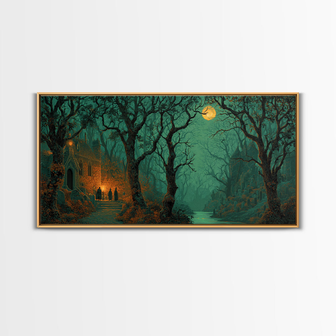The Grave Gardener Of Yuggoth, Macabre Halloween Art, Wide Panoramic Art, Framed Canvas Print, Halloween Home Decor, Gothic Wall Art