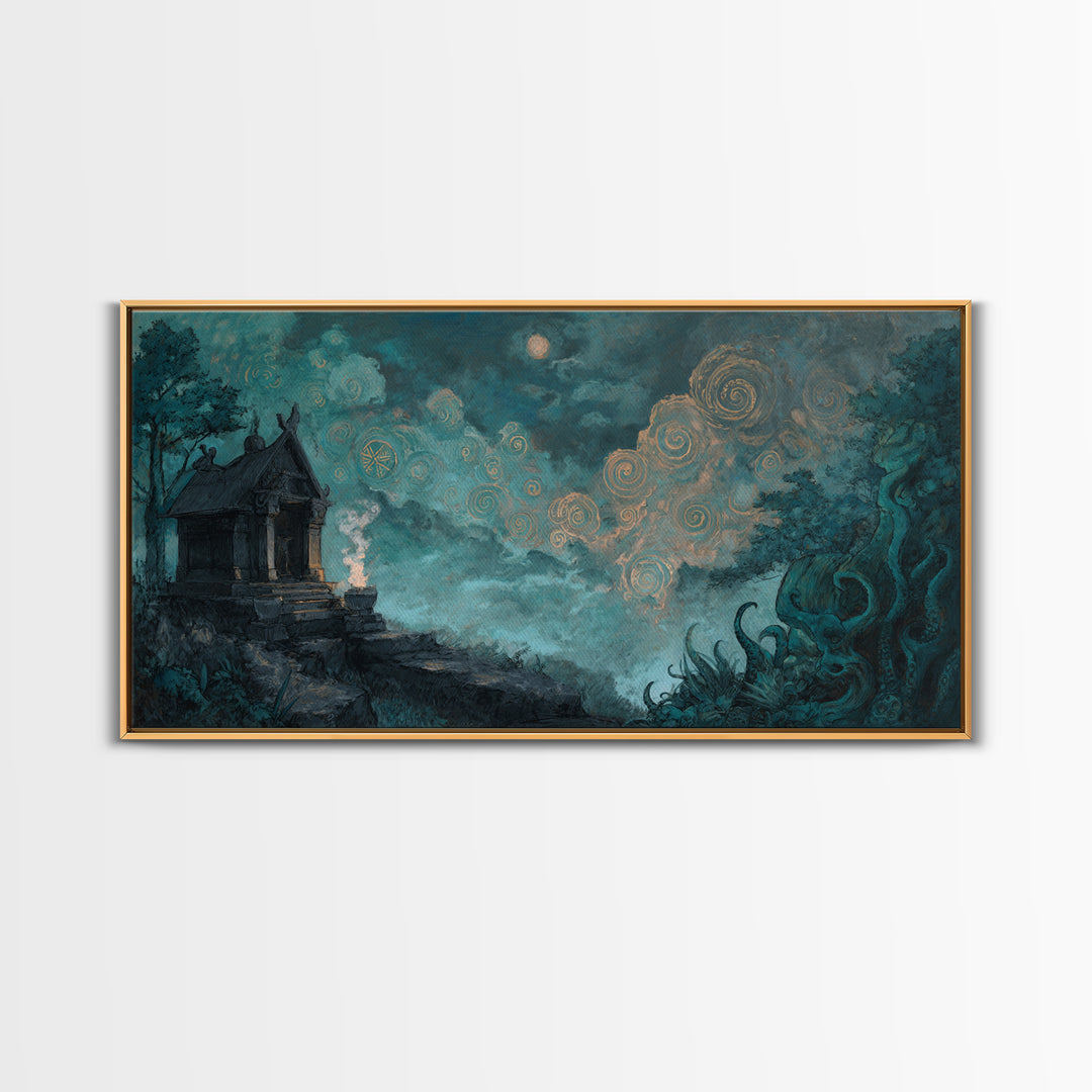 The Custodian Of The Whispering Idol, Cosmic Horror Decor, Wide Panoramic Art, Canvas Print, Halloween Home Decor, Gothic Wall Art