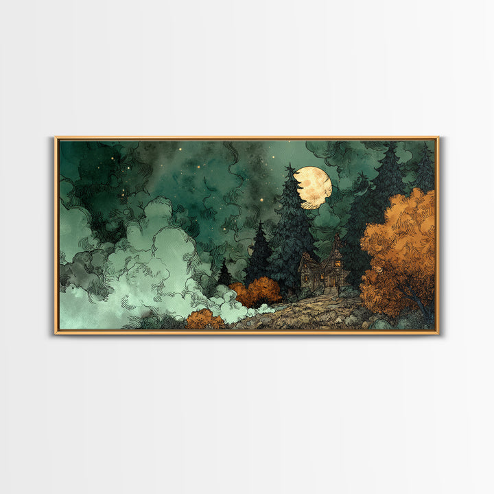 The Children Of The Star Orchard, Cosmic Horror Decor, Wide Panoramic Art, Canvas Print, Halloween Home Decor, Gothic Wall Art