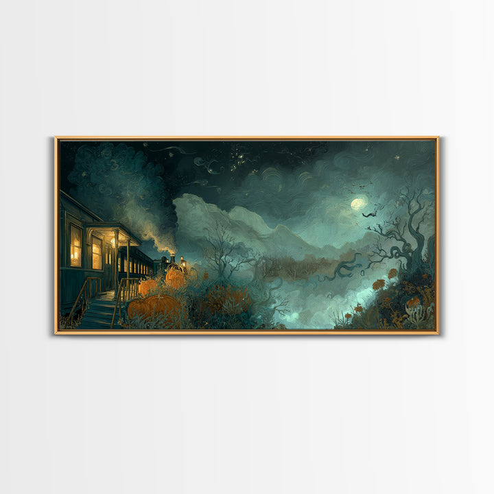 The Phantom Train To Kadath, Dark Fantasy Wall Art, Wide Panoramic Art, Canvas Print, Halloween Home Decor, Gothic Wall Art, Horror Wall Art