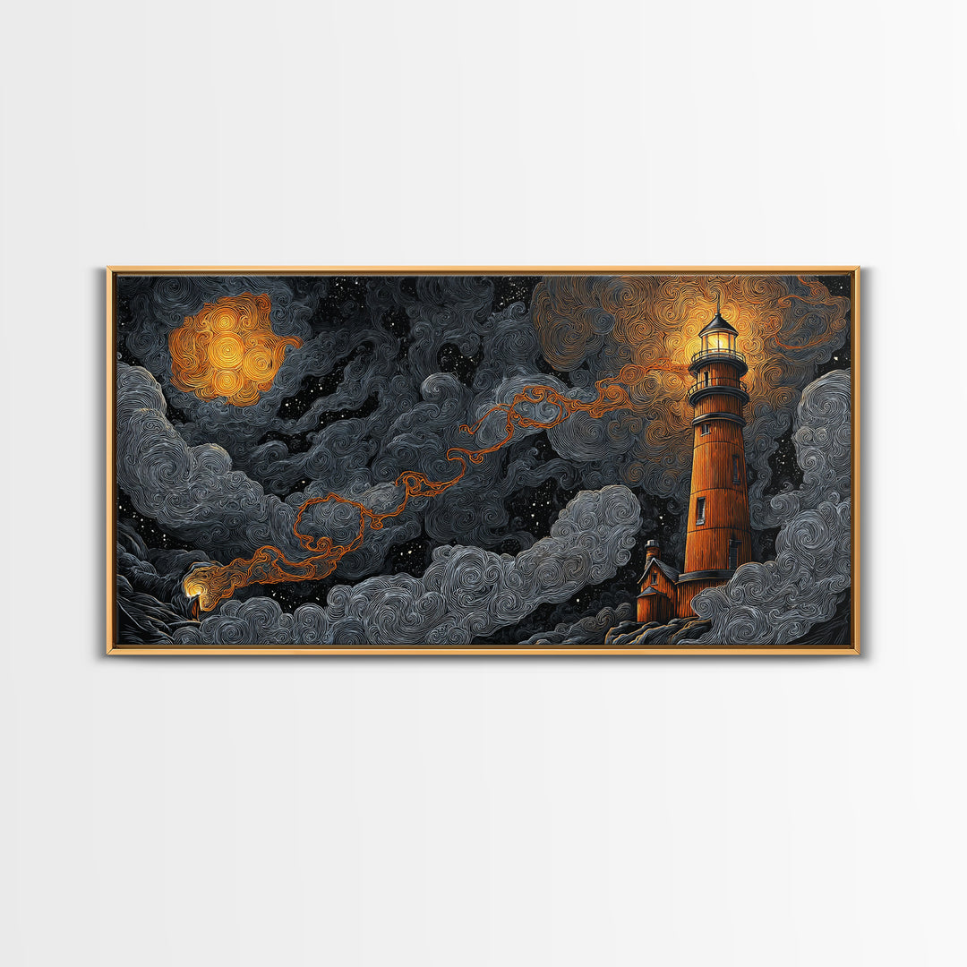 The Last Lighthouse Of Y’Ha-Nthlei, Dark Fantasy Wall Art, Wide Panoramic Art, Framed Canvas Print, Halloween Home Decor, Gothic Wall Art