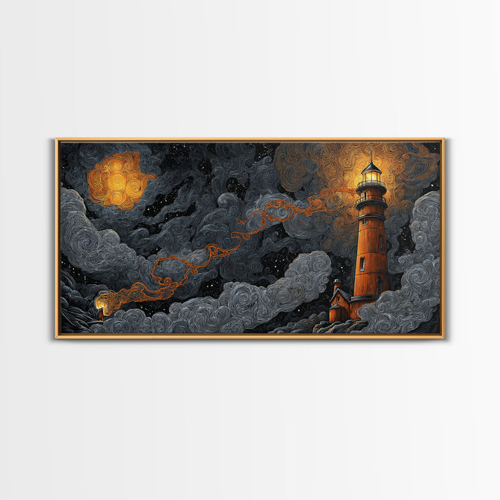 The Last Lighthouse Of Y’Ha-Nthlei, Dark Fantasy Wall Art, Wide Panoramic Art, Framed Canvas Print, Halloween Home Decor, Gothic Wall Art