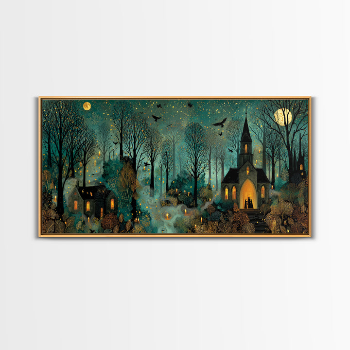 The Raven Sermon Of Leng, Halloween Wall Art, Wide Panoramic Art, Framed Canvas Print, Halloween Home Decor, Gothic Wall Art
